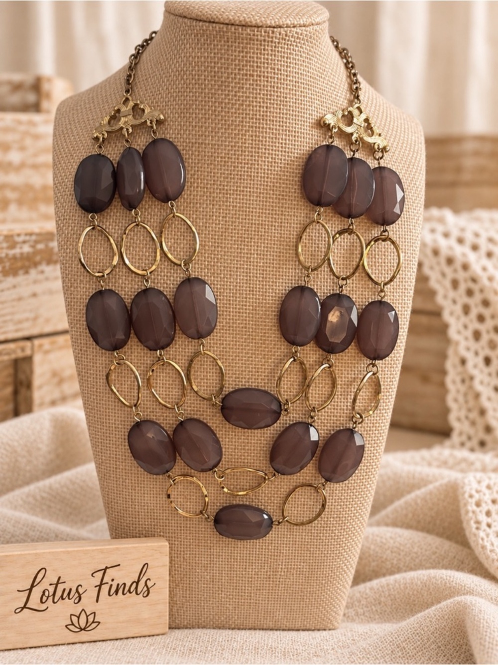 Smoky Mauve & Gold Multistrand Statement Necklace
